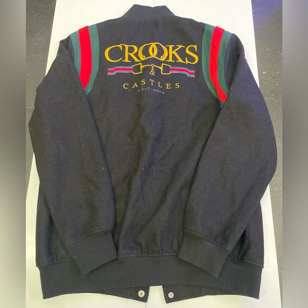 CROOKS & CASTLES WOOL BOMBER VARSITY JACKET BLACK RED GREEN GOLD SZ. LARGE - Picture 2 of 5